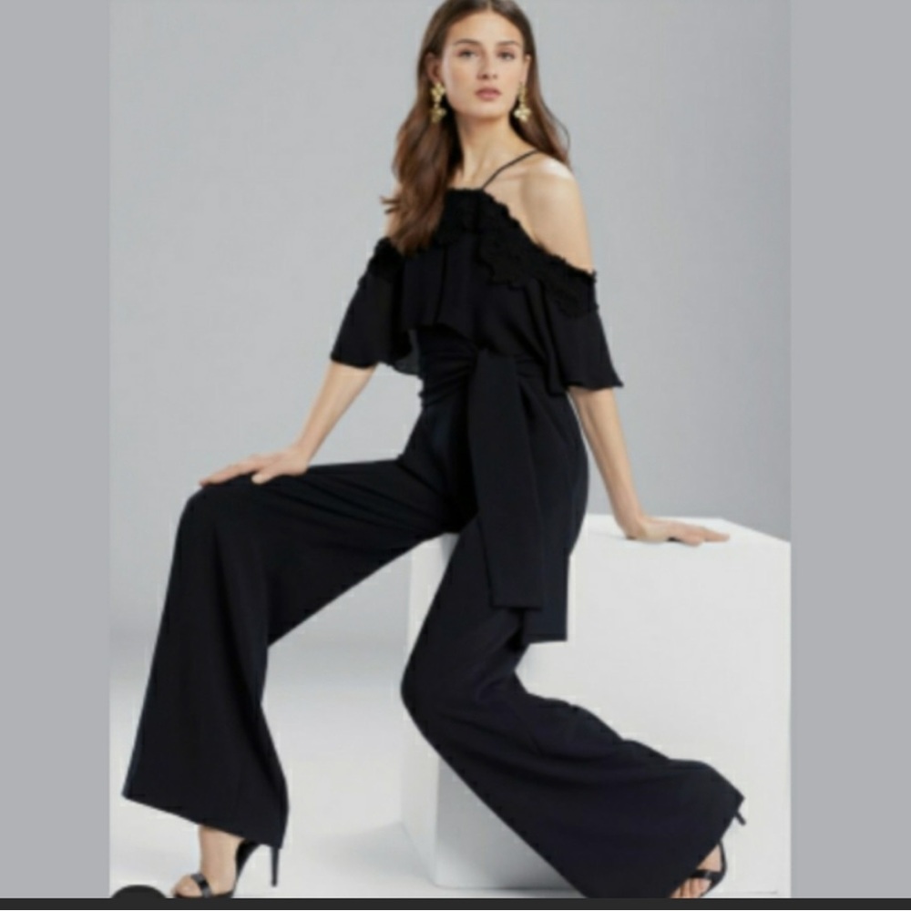 Josie naroti  Cape-Top Wide-Leg Jumpsuit w/ Floral Appliqué